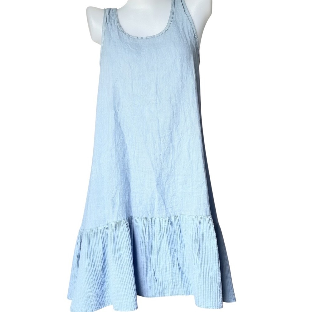 Cottagecore Blue Linen Tank Dress Ruffle Hem Tempo Paris S/M